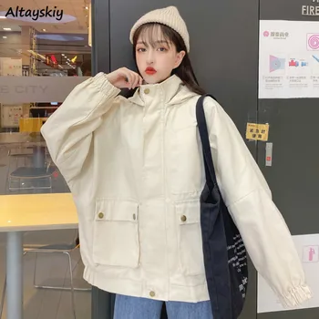 

Jackets Women Solid Oversize Spring Baseball Coats Hooded Harajuku BF Loose Cargo Jacket Pocket Streetwear Stylish Student Daily