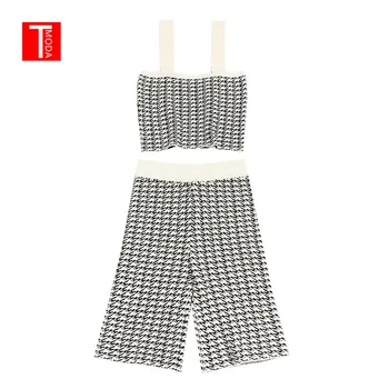 

TMODA192 Women Plaid Patter Knit Tank Top Sleeveless Backless Female Strethy Knit Tops Plaid Pattern Knit Shorts Two Piece Sets