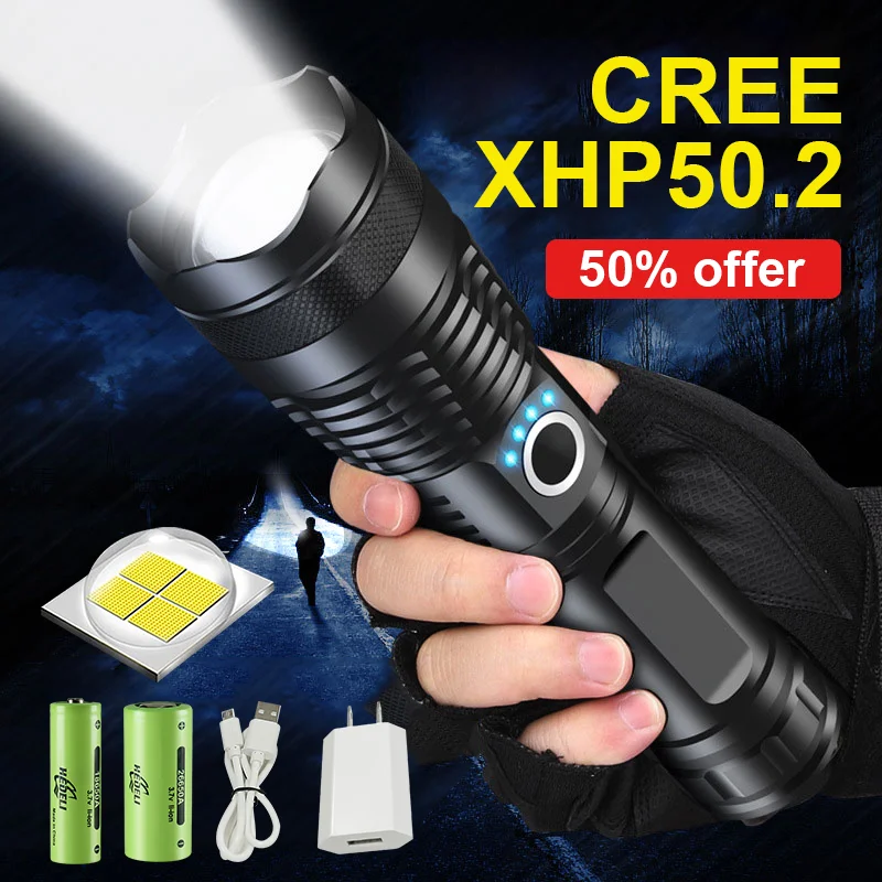 USB XHP50 LED Flashlight 5000 Lumens Waterproof Zoom Torch Flash Light