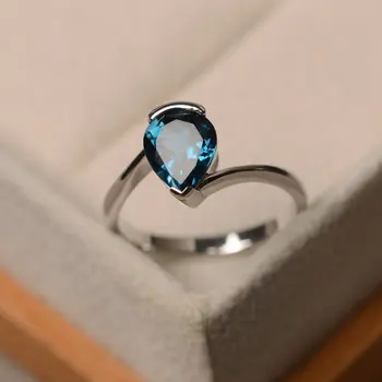 

New Simple Atmosphere London Blue Topaz Water Drop Pear-shaped Ring S925 Silver Platinum-plated Temperament Ladies Ring