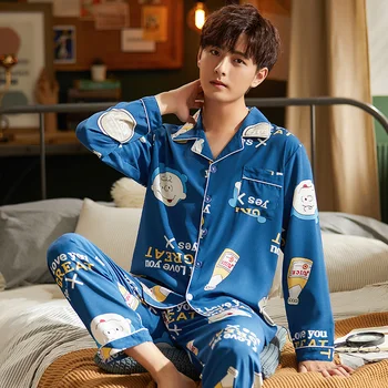 

Caiyier 2020 Men's Silk Stain Pajama Set Cartoon Print Winter Nightwear Casual Loose Soft Sleepwear Modern Style Men Homewear