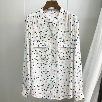 

Women Shirt Blue Green Polka Dot Silk Shirt