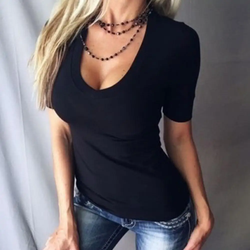 

Plus Size Solid Color Slims Fit Women Deep V Short Sleeve T-Shirt Summer Top Women's T-Shirts V Neck Sexy Women Slims Fit T-Shir