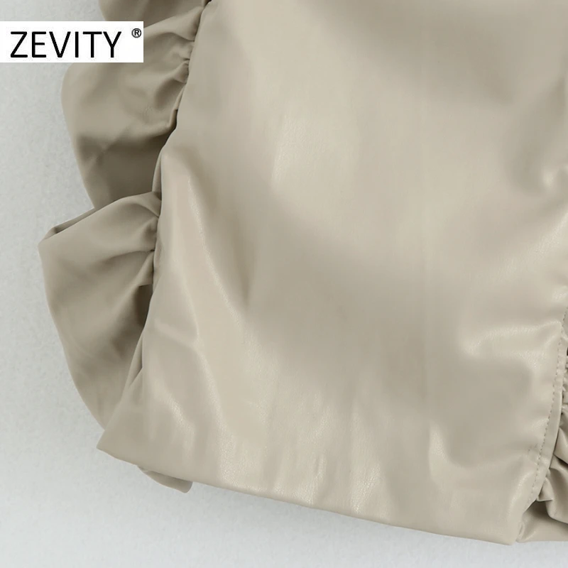 ZEVITY New women sexy spaghetti strap pleated PU leather dress female back zipper slim sling vestido chic brand dresses DS4419