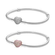 Подлинный 925 пробы серебряный Moments Pave Сердце браслет в европейском стиле Подходит для женщин шарик шарм браслет подарок DIY ювелирные изделия