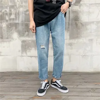 

Jeans rotten feet male straight leg loose nine-point drop wide-leg pants wild tide brand light 9 points pants net red INS