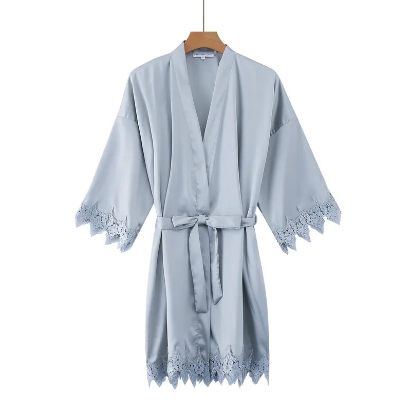 Матовый сатиновый халат с кружевной отделкой свадебное платье свадебные платья кимоно для невесты Robe платье подружки невесты плюс Размеры Для женщин банный Халат - Цвет: gray blue