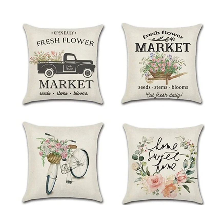 

Cotton Linen Cushion Cover Spring Sunflower Bicycle Car Farm Farm theme Pillow Case Home Chair New Year Decoration Pillowcase