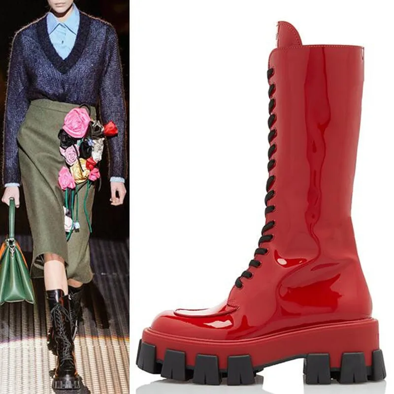 

Womens Platform Mid Calf Boots Patent Leather Lace Up Muffin Chunky Heel Riding Fashion Shoes 3Colors Luxury A1607