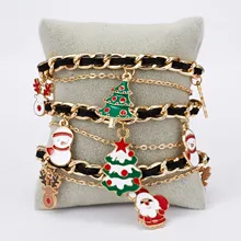 Rinhoo, Рождественский браслет, Санта Клаус, Рождественская елка, лось, очаровательные браслеты, черное звено веревки, браслет-цепочка, подарок на год, Женские Ювелирные изделия