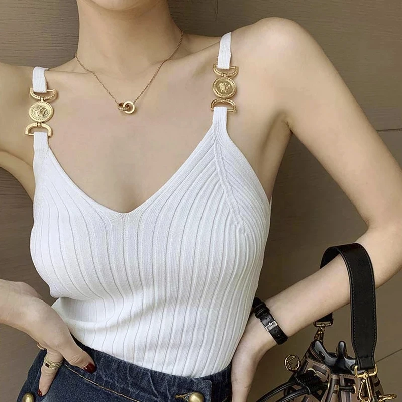 

V-neck Halter Sexy Camisole Top 2022 Summer Women Sexy off-Shoulder Solid Color Sleeveless Camis Women's Clothing Tanks Tops