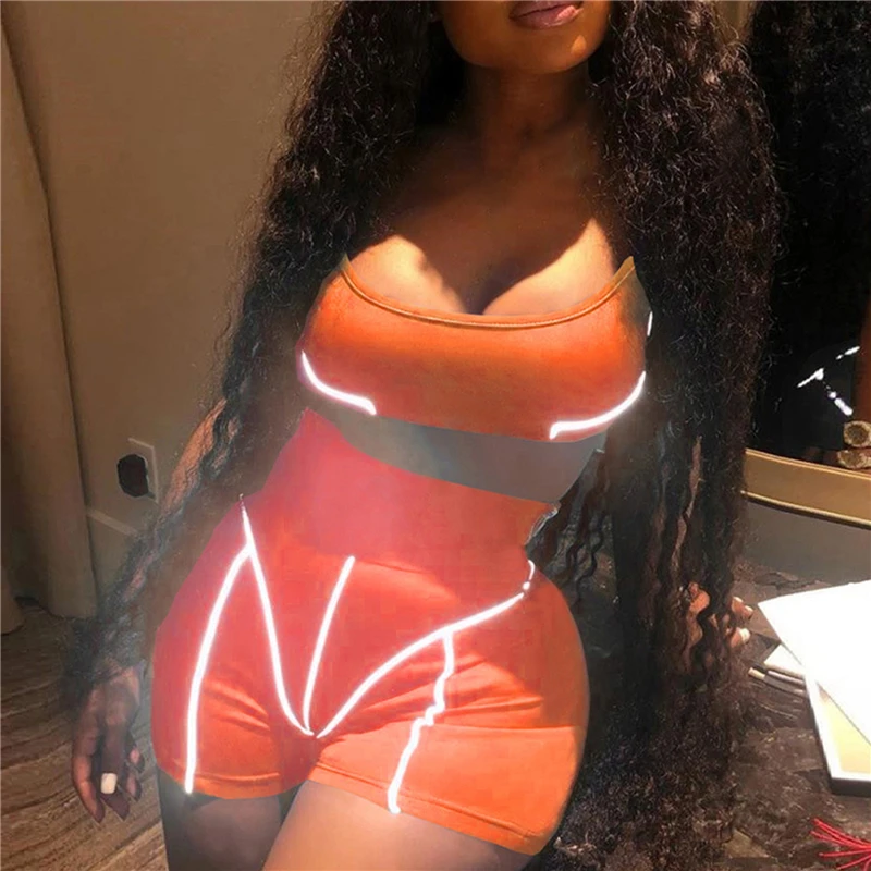 

Casual Neon Color Women Two Piece Sets Fashion Reflective Active Wear Tracksuit Crop Top And Shorts Matching Set Sport