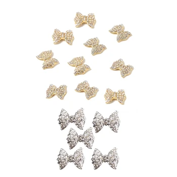 

10Pcs Bow Tie Alloy 3D Rhinestone Nail Art Tips Slice Decoration & 5Pcs Silver