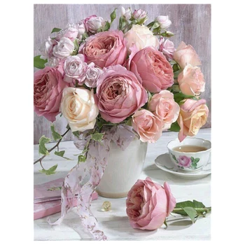 

Full Drill Square Diamond 5D Diamond Painting Cross Stitch Pink Flowers In A Vase Diamond Embroidery Rhinestone Mosaic Painting