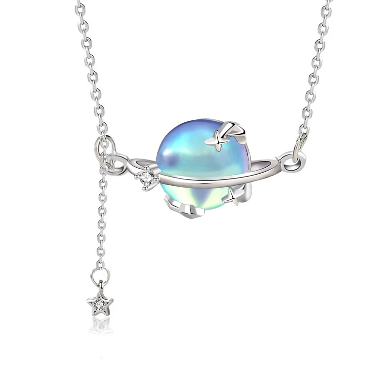 S925 Sterling Silver Moonlight Stone Planet Necklace Female Clavicle Chain Simple Personality Pendant