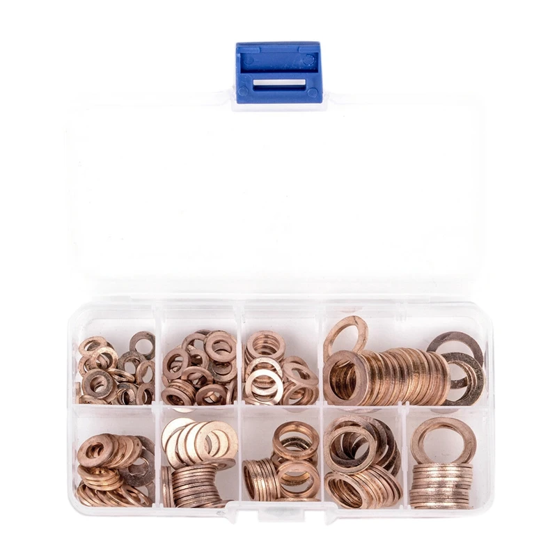 

200Pcs 9 Sizes Copper Washer Gasket Set Flat Ring Seal Assortment Kit M5-M14 CAO