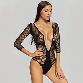

Black Sexy Women's Pantyhose Breathable Fishnet Transparent Teddy Ladies Tights Playsuit Casual Deep V Intimate Body Lingerie