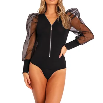 

Women Puff Long Sleeve Sexy Bodysuit Black Mesh Bodysuit For Woman Bodycon Bodysuits One-Piece White Women Body Suit