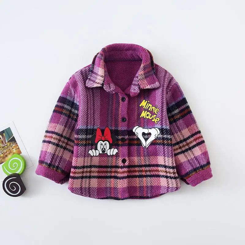 Г., Новое поступление, Осенняя шерстяная рубашка с длинными рукавами в Корейском стиле, с рисунком Минни, с буквенным принтом, для модных милых маленьких девочек - Цвет: Фиолетовый