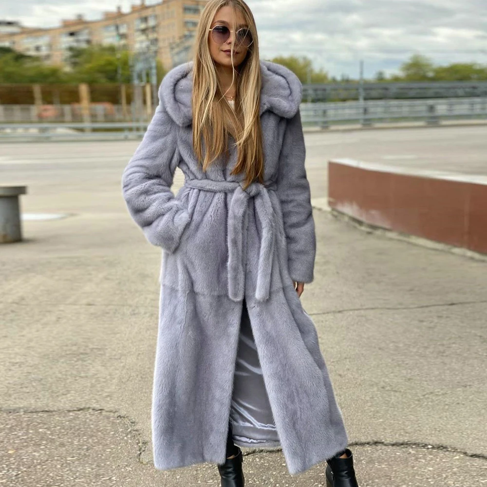Light Grey Genuine Mink Fur Coat with Hood High Quality Winter Fashion New Full Pelt Real Mink Fur Coats Woman Luxury Outwear