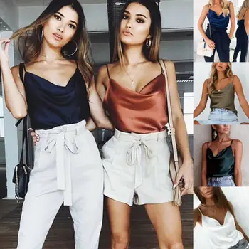 

Women Silk Satin Camisole Plain Strappy Vest Tops Sleeveless Tanks