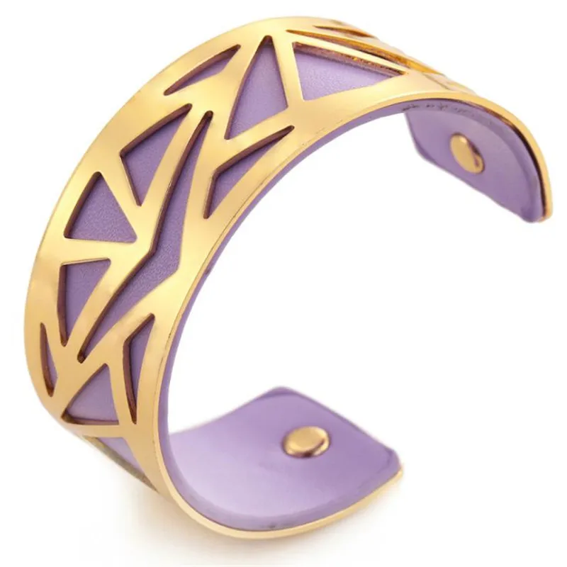 

New Hollow Geometric Pattern Cuff Bangle PU Leather Gold Color Alloy Wide Bracelet Bangle Fashion Jewelry Gift