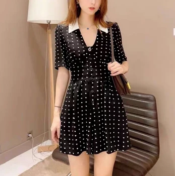 

Black Polka Dot women dress 2020 spring summer new High waist slim Contrast V-Neck temperament lady mini Dress