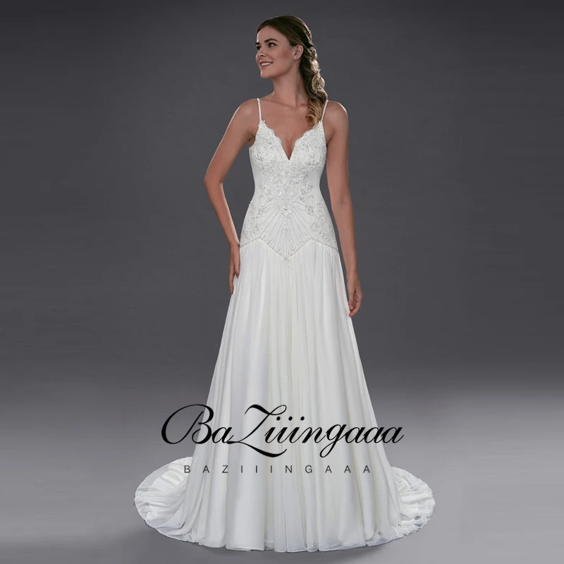 

BAZIIINGAAA Simple Lace Mermaid Wedding Dress V-neck Sleeveless 50cm Tail Design Hand-Beading Plus Size Bridal Wedding Dress