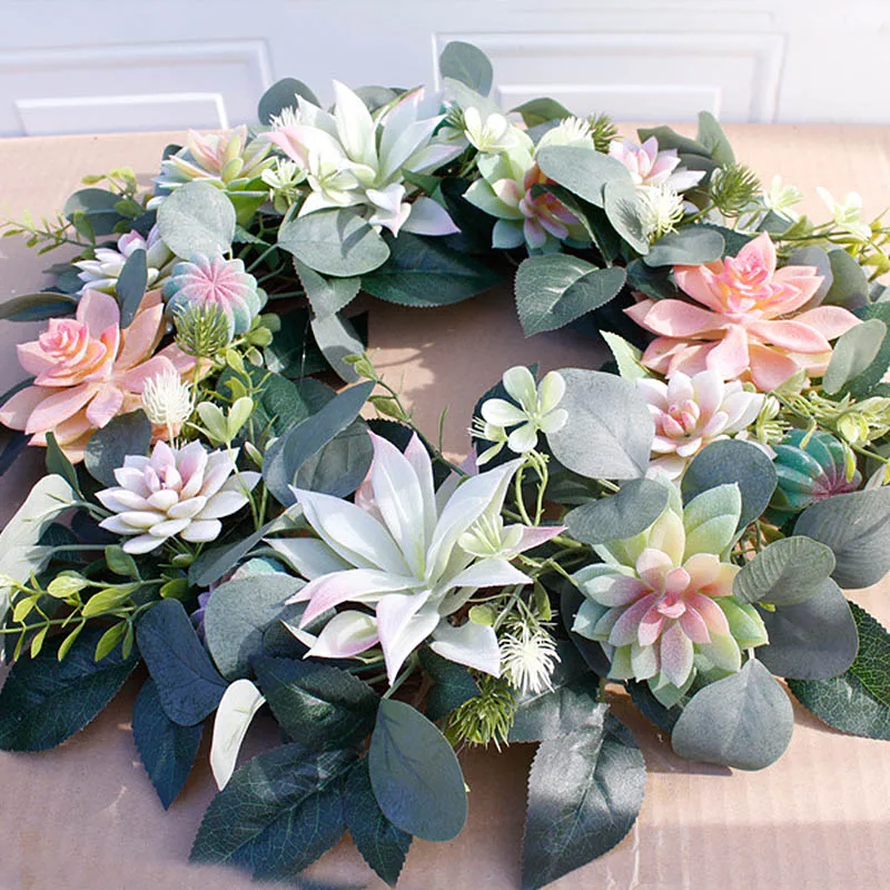 Artificial Succulent Flower Wreath Garden Hanging Wreath for Home Wall Front Door Wedding Decor