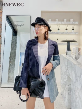 

2020 New Spring Suit Collar Single Breasted Blazer Women Korea Denim Splice Irregular Personality Stripe Coat Tide V108