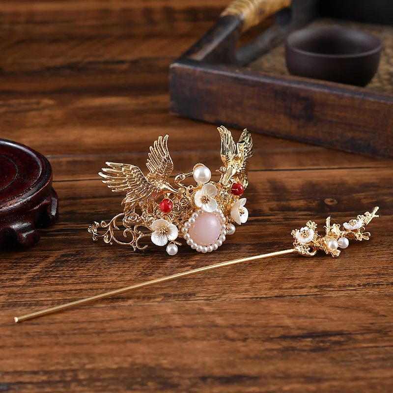 Gold Hair Crown Шпилька в старинном стиле с двойным летающим краном, шпилька, которая сотрясается при ходьбе, кисточка, корона для волос, шпилька, Классический в стиле ханьфу аксессуары для волос - Цвет: Gold Hair Crown