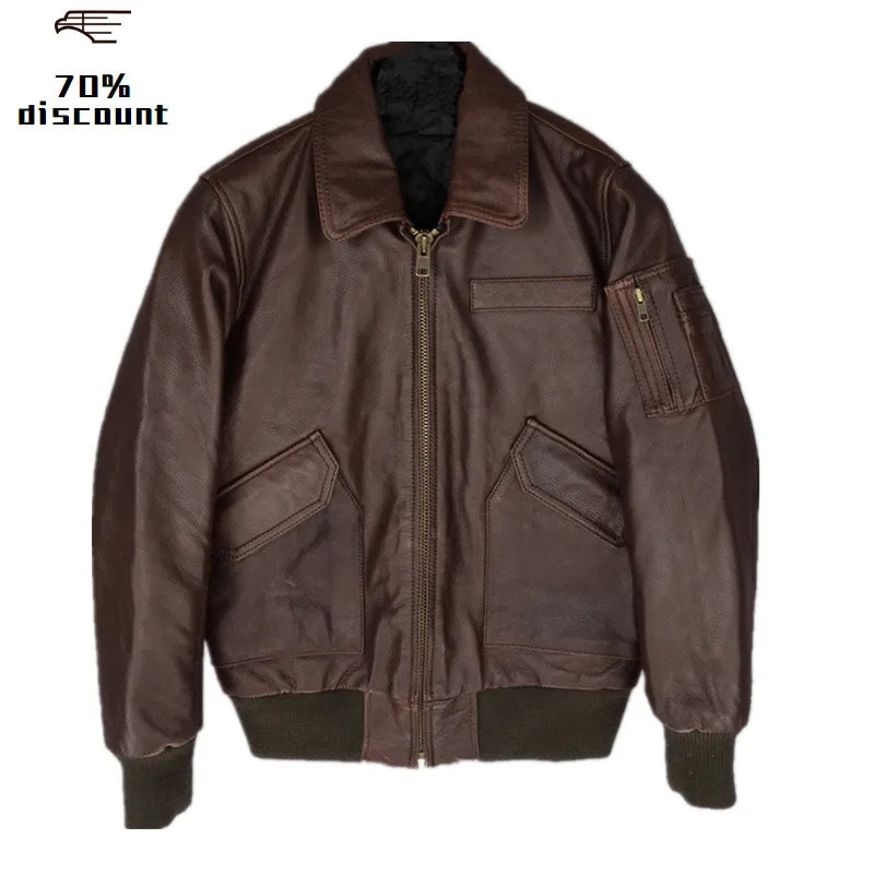 

2020 Dark Brown Men USAF Pilot Leather Jacket Genuine Cowhide Winter Short Military Aviator Leather Coat FREE SHIPPING