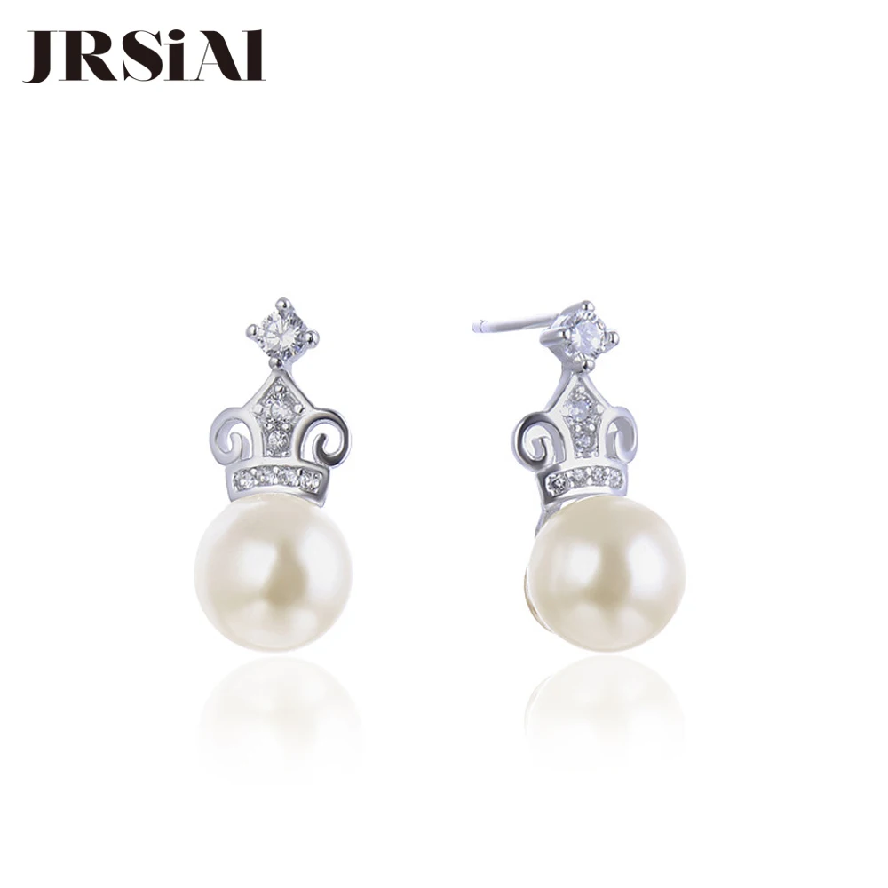 

JRSIAL 925 Sterling Silver Jewelry Freshwater Pearl Earrings Zircon Fashion Crown Earrings Korean Woman Bead Earrings