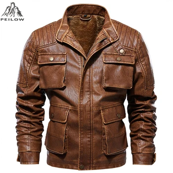 

Motorcycle leather jacket men outwear thick wool liner Multi-pocket leather jackets jaqueta de couro masculina men leather coats