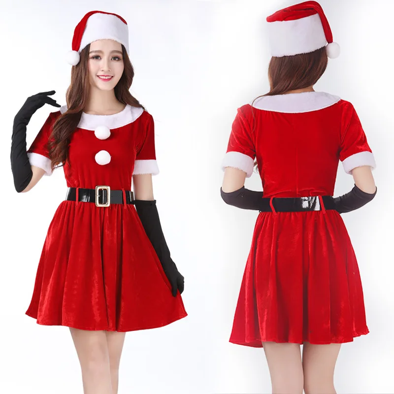 Christmas dress with belt Sexy womens Christmas costume Santa suit short sleeve plush warm fancy pleated dress