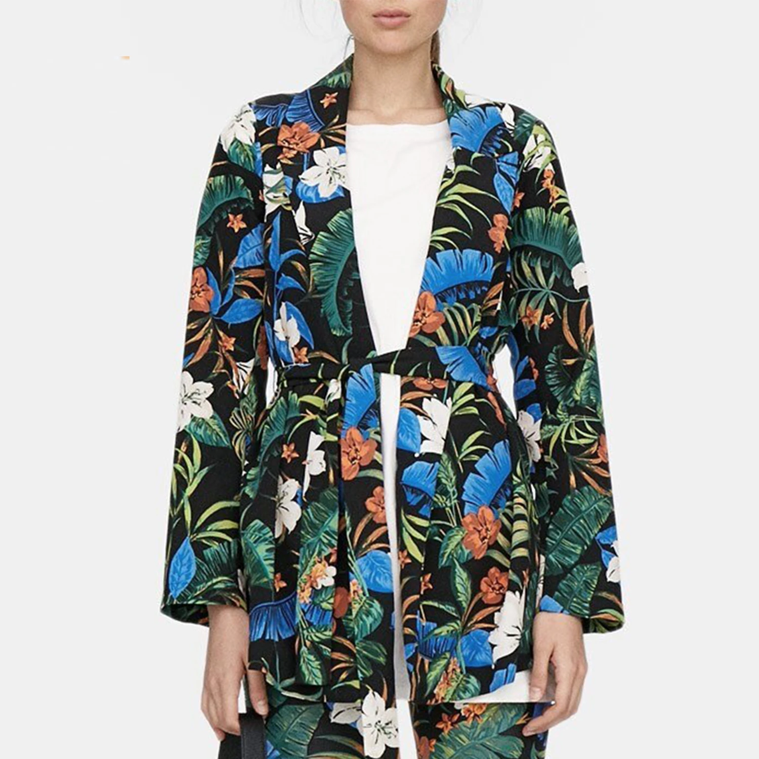 

Floral Palm leaf print casual Blazer women New Autumn satin adjustable sash leisure Fashion easy-matching suit long coat blazer