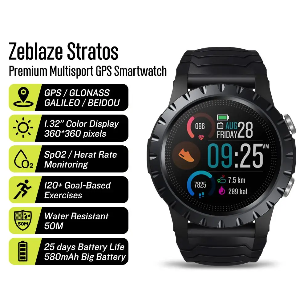 Смарт-часы Zeblaze Stratos GPS встроенные 4 спутника 3 режима сердце/SpO2/VO2max/стресс Время