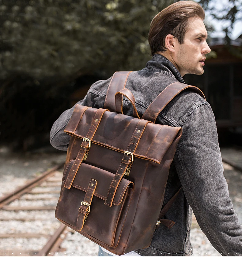 Genuine Leather 17 Laptop Backpack Travel Roll Top Rucksack