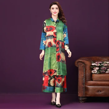 

2020 Spring Summer Cardigan Women Dress 2 Piece Suits Wide Leg Pants Clothes Sizes 5xl 6xl Loose Print Ladies Dresses
