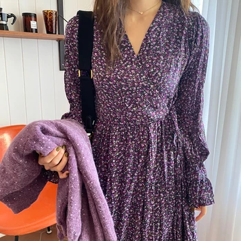

Midi Floral Pleated Dress Women Chiffon v Neck Long Sleeve Spring 2020 Red Korean Retro Purple Vestido Ladies Dresses Ropa Mujer