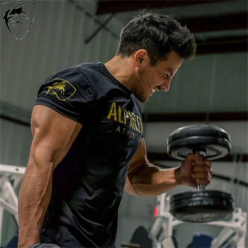 

ALPHALETE Brand Mens Summer Gyms Workout Fitness T-shirt Bodybuilding Slim Shirts Printed O-neck Short Sleeves Cotton Tee Tops