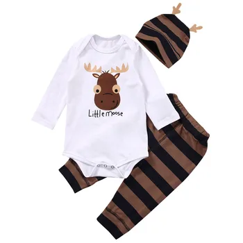 

2020 autumn casual Infant Newborn Baby Girl boys Clothes Cute long sleeve romper Striped Pants 3pcs Outfit Cotton Antler hat