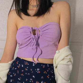 

Women Crisscross Halter Crop Top With Tie Drawstring Front Tube Top