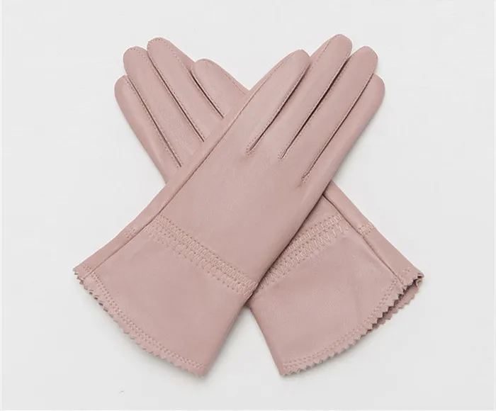 pink Элегантные женские перчатки из натуральной овечьей кожи, высококачественные осенние и зимние Бархатные Теплые женские перчатки - Цвет: pink