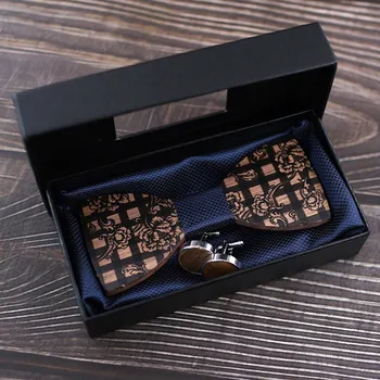 

Manual Wooden Bow Tie Handkerchief Set Men's Bowtie Wood Hollow Carved And Box Floral Design And Box Fashion Novelty Ties