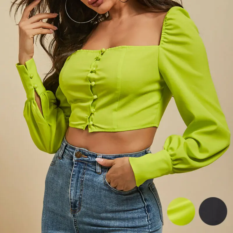 

Hot Sale Fashion Women's Casual Square Neck Crop Top Modern Ladies Autumn Long Bishop Sleeve Buttoned Neon Green Short T-Shirts