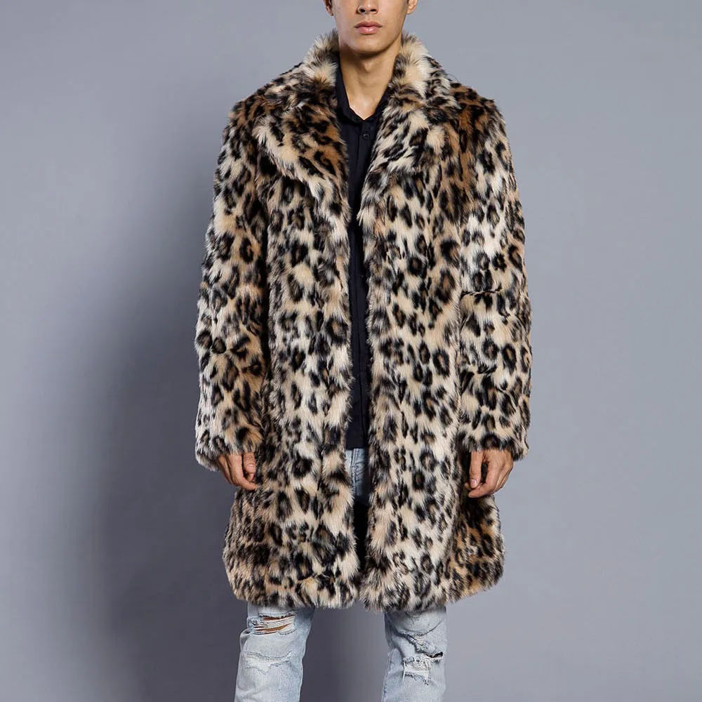 Mens Leopard Winter Jacket Men Warm Thick Fur Collar Coat Jacket Faux ...