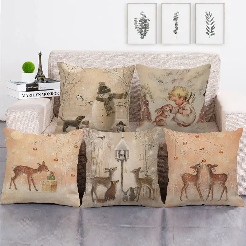 

Linen Cushion Cover Deer Rabbits with Snowan Decorative Pillow Cases 45x45cm for Living Room Sofa Couch Home Christmas Decor