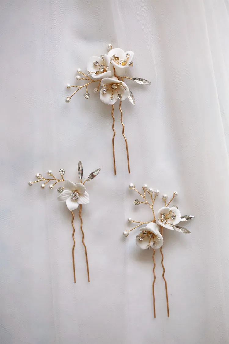 Wedding Accessories Rhinestones Crystal Head Pieces Porcelain Flower Hair Pins Clips Hairpins Brides Headdress Bridal Jewelry