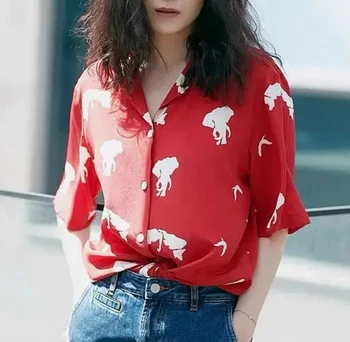 

Elephant print women silk shirt loose short sleeve turn-down collar lady red blouse tops 2020 new